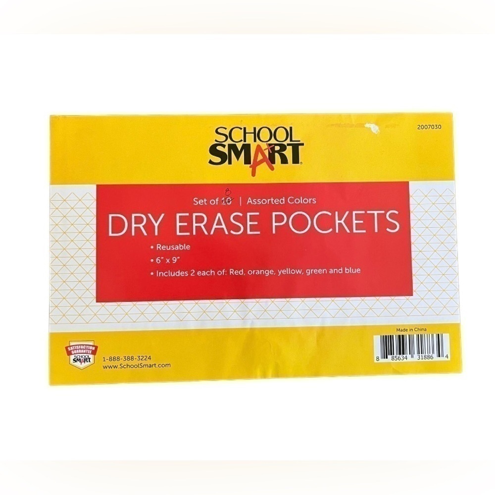 SCHOOL Smart Reusable Dry Erase Pockets, 6 x 9 Inches, Assorted, Set of 8